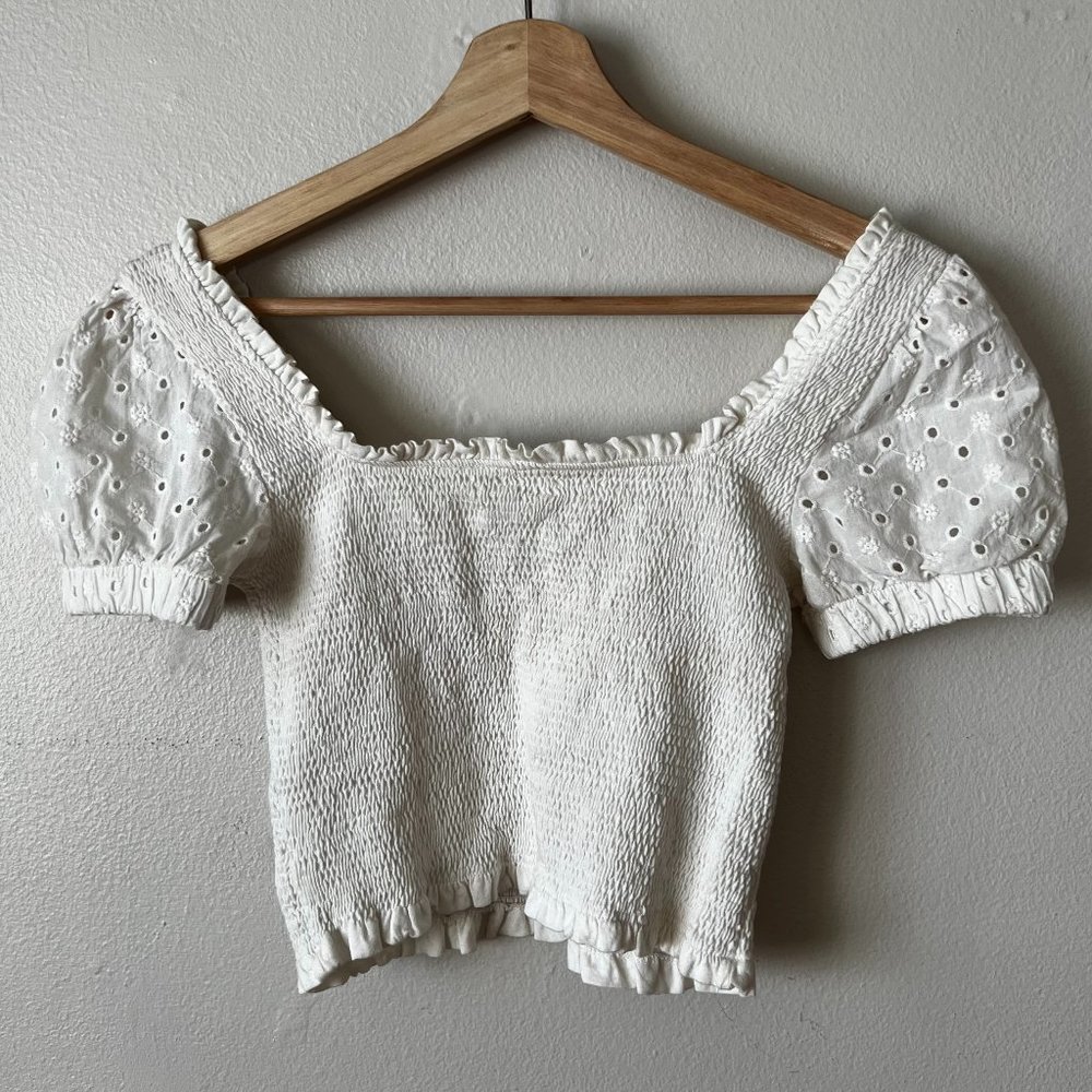 Eyelet Peasant Style White Crop Top Blouse